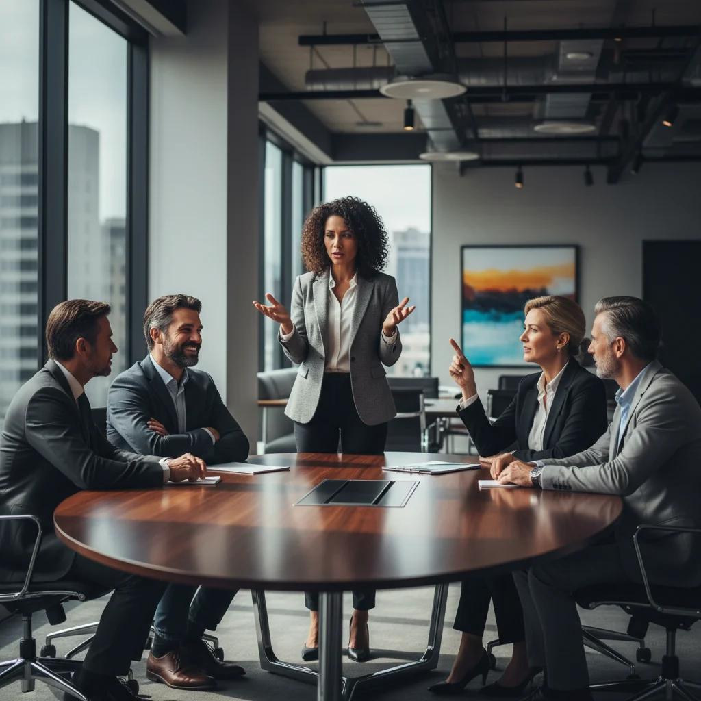 A photorealistic image of a professional business meeting in a modern office, where diverse adult executives are discussing compensation strategies around a conference table, symbolizing the creation of an effective compensation philosophy declaration. No children or documents are visible.
