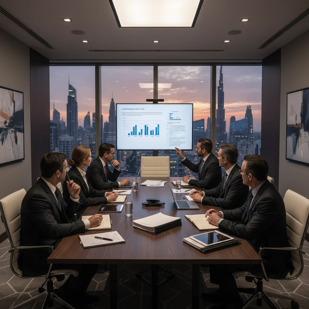 A photorealistic image of a professional business meeting in a modern UAE office, with diverse adult executives discussing philosophy and compensation strategies around a conference table, overlooking a Dubai skyline, symbolizing corporate governance and fair compensation practices in the United Arab Emirates.