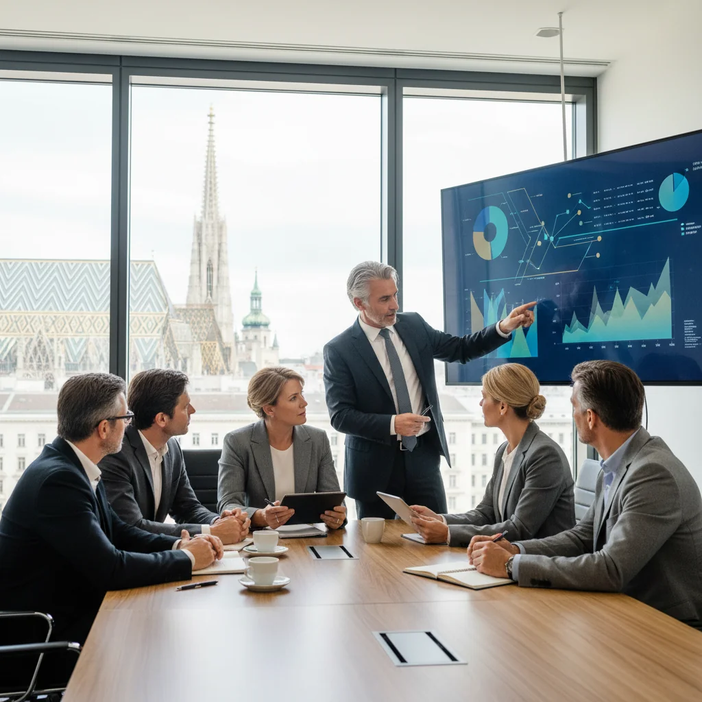 A photorealistic image of a professional business meeting in a modern Austrian corporate office, where executives are discussing compensation philosophy strategies around a conference table, with elements like graphs on a screen and coffee cups, conveying trust and strategic planning, no children present.
