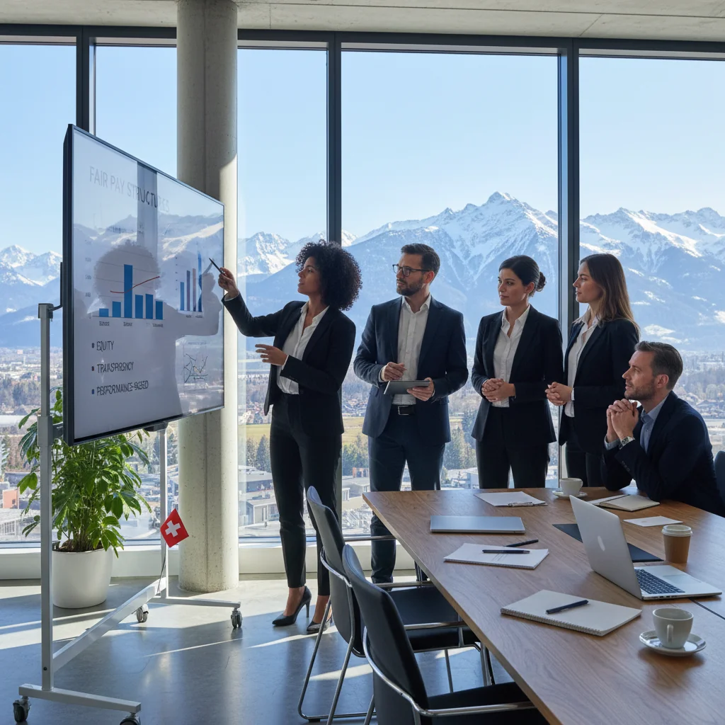 A professional corporate setting in Switzerland, featuring a business meeting in a modern office with Swiss Alps visible through the window, adults in business attire discussing compensation philosophy around a table, symbolizing fair remuneration strategies in corporate documents.