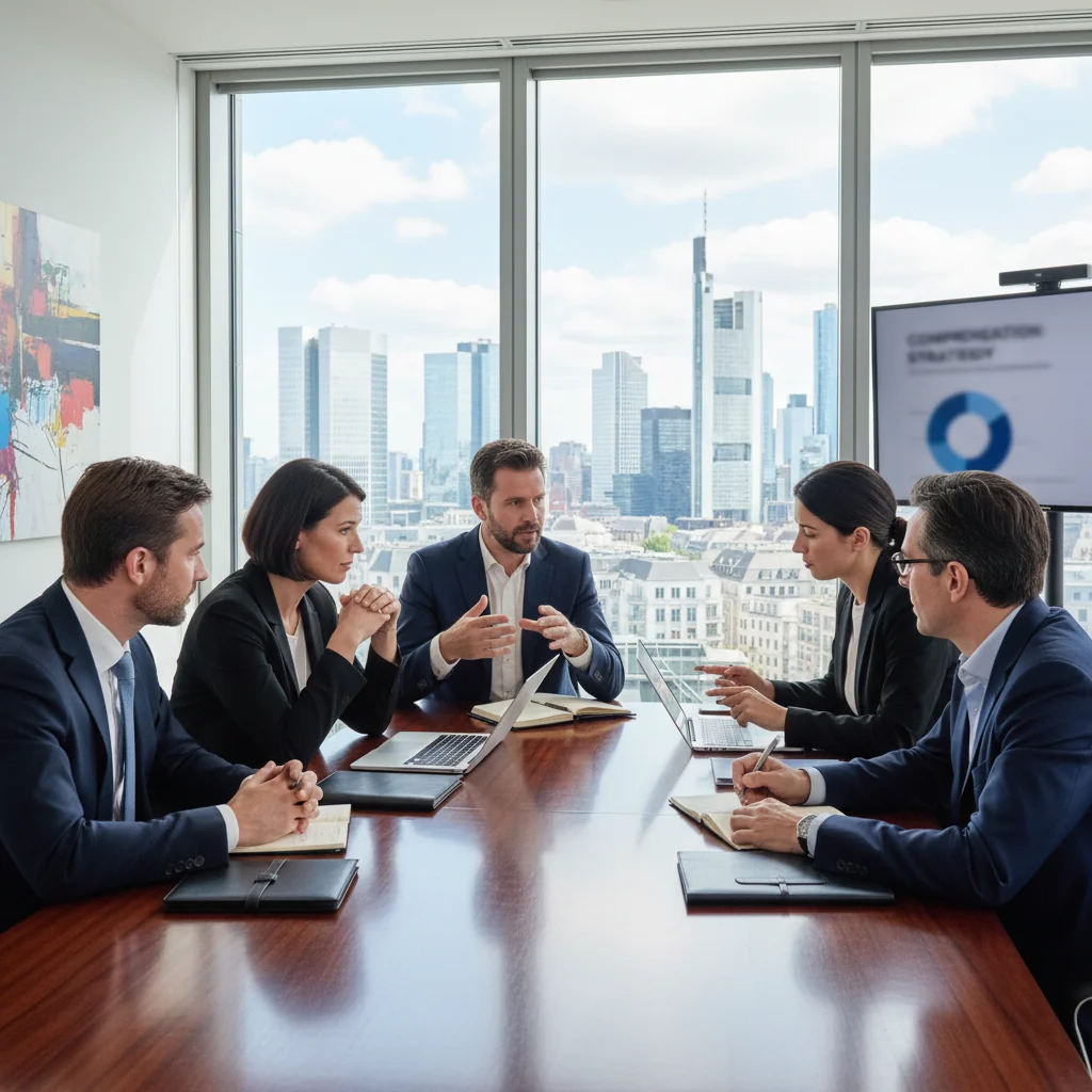 A photorealistic image of a professional business meeting in a modern German corporate office, with diverse adult executives discussing compensation strategies around a conference table, evoking the philosophy of fair remuneration in a company setting, no documents visible, no children present.