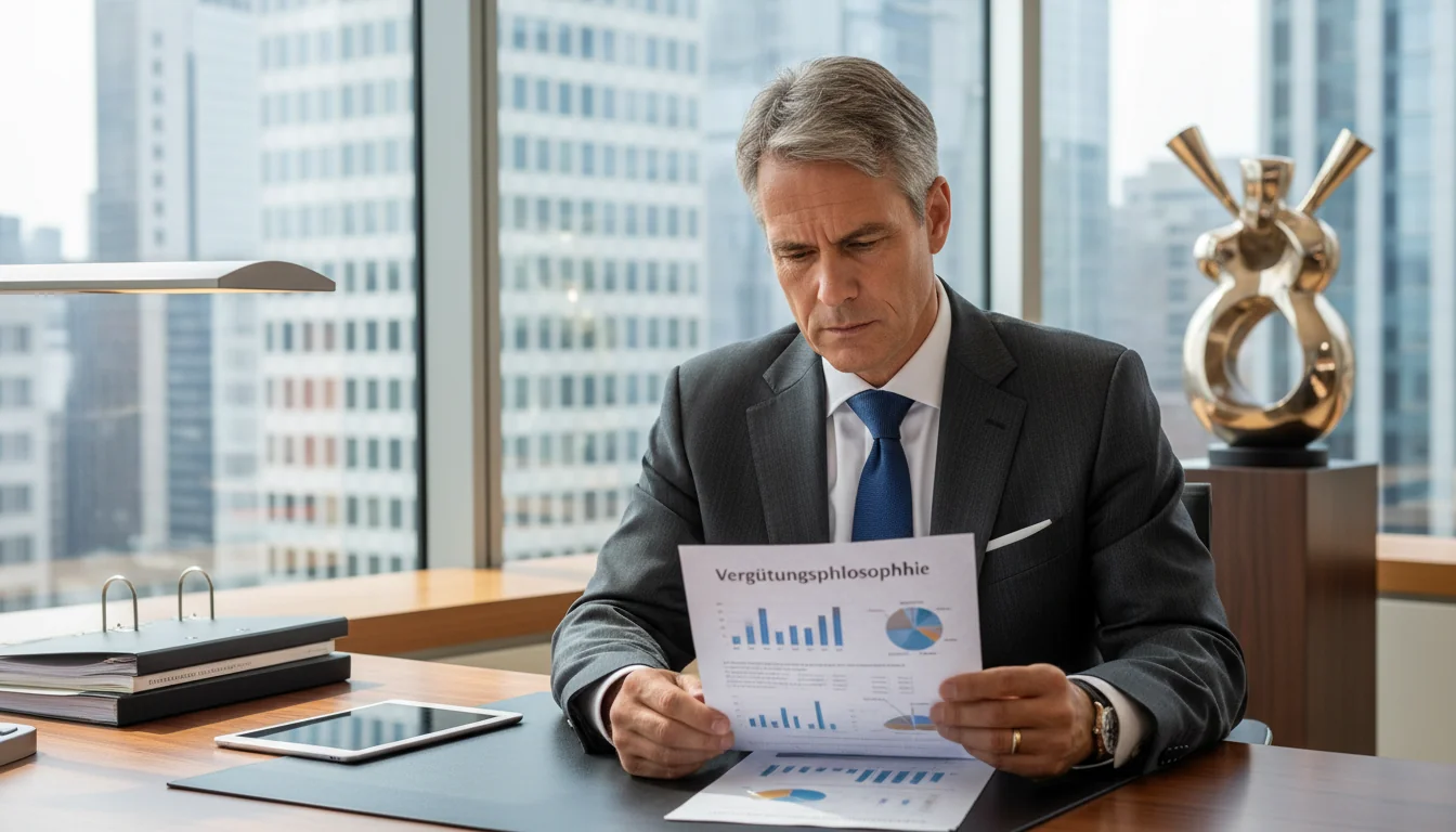 German corporate executive reading compensation document