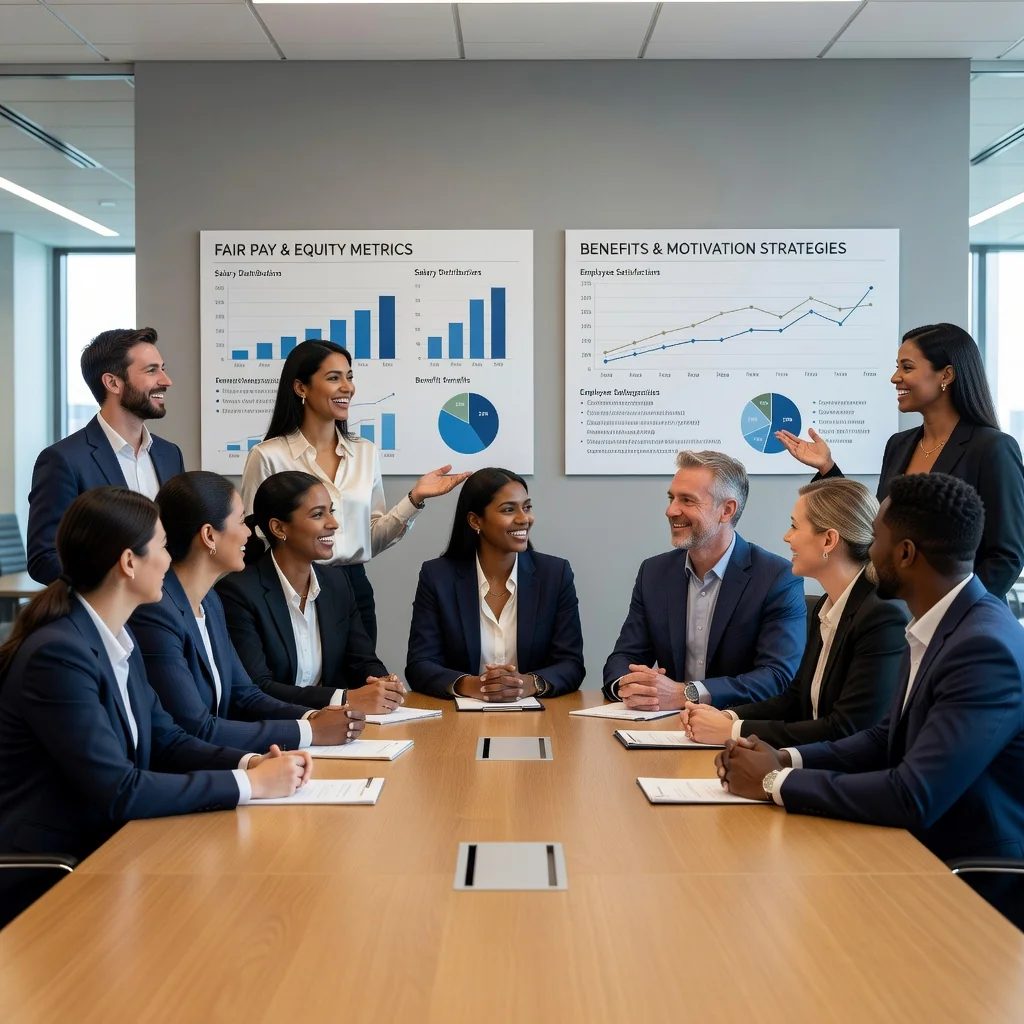 A photorealistic image representing the concept of compensation philosophy in a corporate setting, showing a diverse group of professional adults in a modern office environment, engaged in a positive discussion about fair pay and benefits, symbolizing equity and motivation in the workplace, no children present.