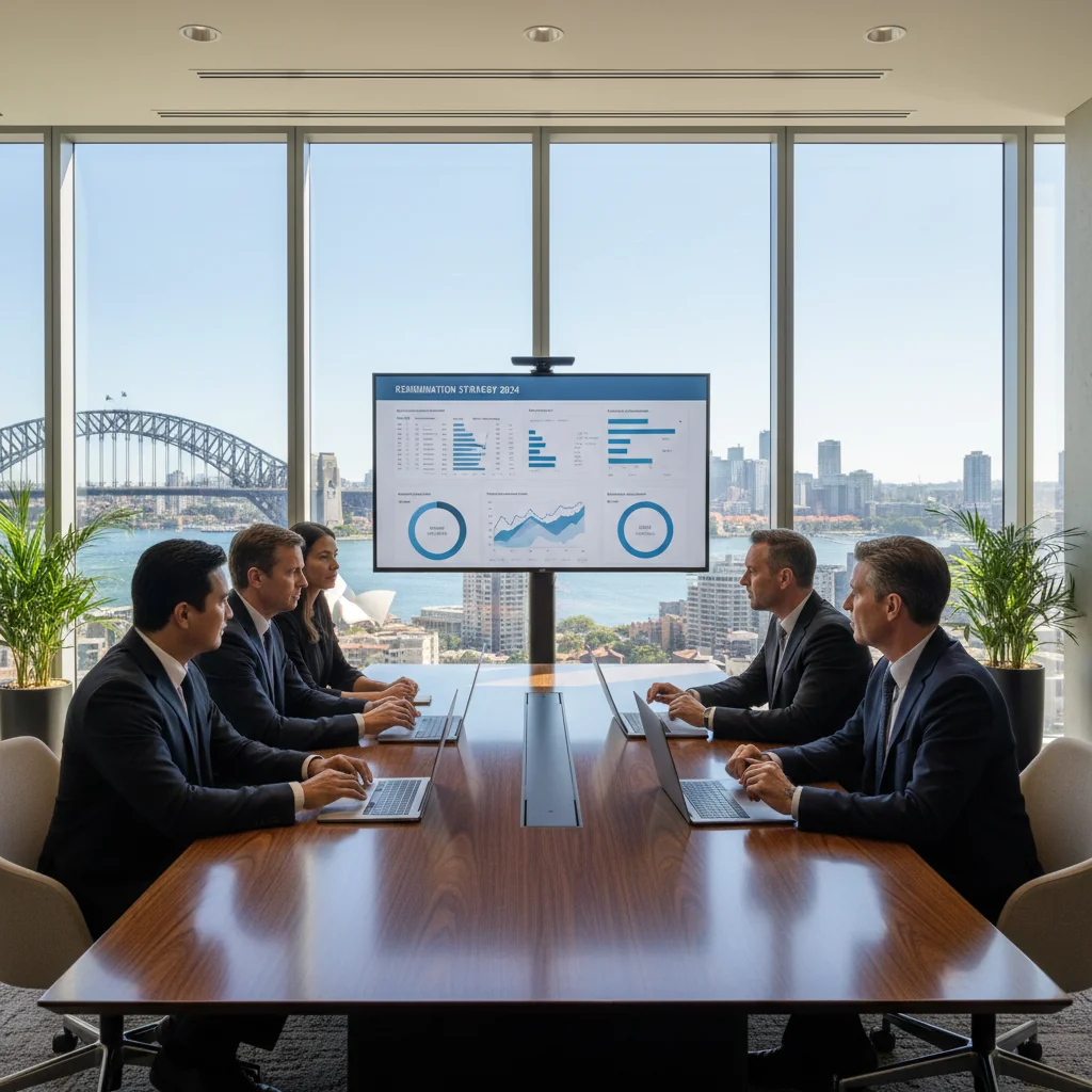 A photorealistic image depicting a professional business meeting in a modern Australian corporate office, where a diverse group of adult executives is engaged in a serious discussion about company policies, symbolizing fair remuneration and corporate governance. The scene includes a conference table with laptops and charts, but no documents are prominently featured. The atmosphere is collaborative and professional, set against a window with views of Sydney's skyline.