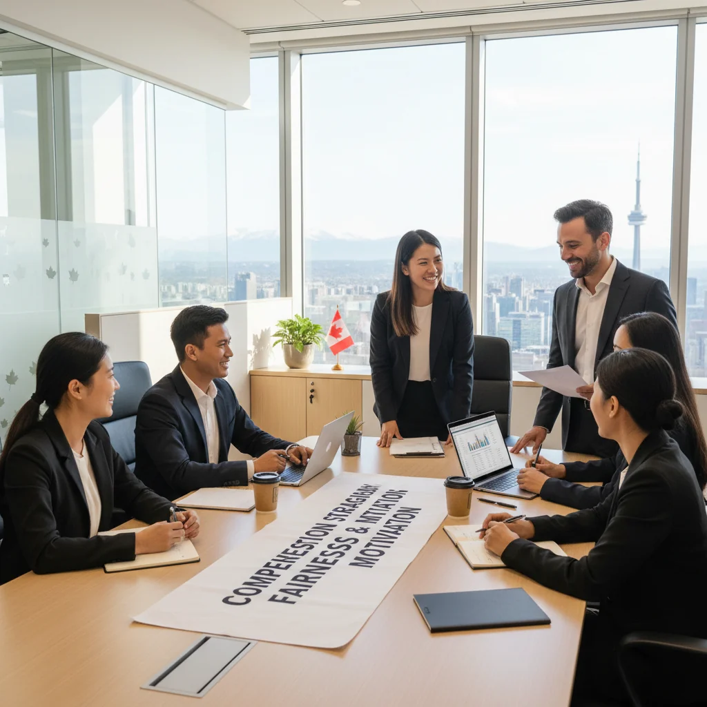 A photorealistic image representing the purpose of a Compensation Philosophy Statement in a Canadian corporate context, showing a diverse group of professional adults in a modern office setting, engaged in a positive discussion about fair compensation and employee satisfaction, with subtle Canadian elements like a maple leaf in the background, no documents visible, no children present.
