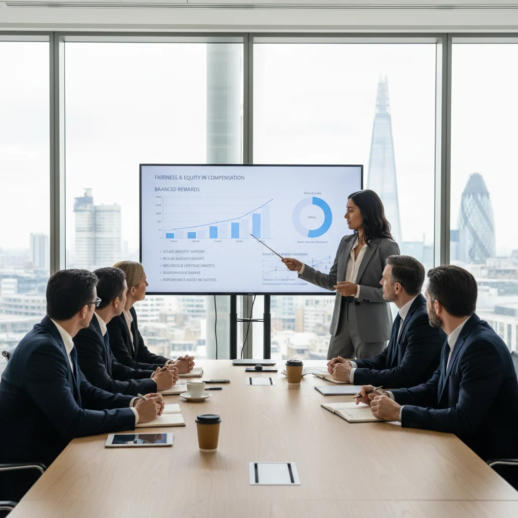 A photorealistic image of a diverse group of professional adults in a modern UK corporate office, engaged in a collaborative meeting discussing compensation strategies, symbolizing fairness and philosophy in employee remuneration, with elements like charts on compensation data subtly in the background, no children present.