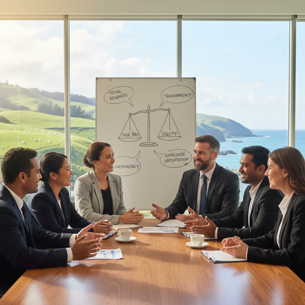 A photorealistic image representing the purpose of a Compensation Philosophy Statement in a New Zealand corporate context, showing a diverse group of professional adults in a modern office setting, engaged in a positive discussion about fair compensation, with elements like a whiteboard showing balanced scales symbolizing equity, overlooking a scenic New Zealand landscape through large windows, conveying trust, fairness, and professional growth. No children are present in the image.
