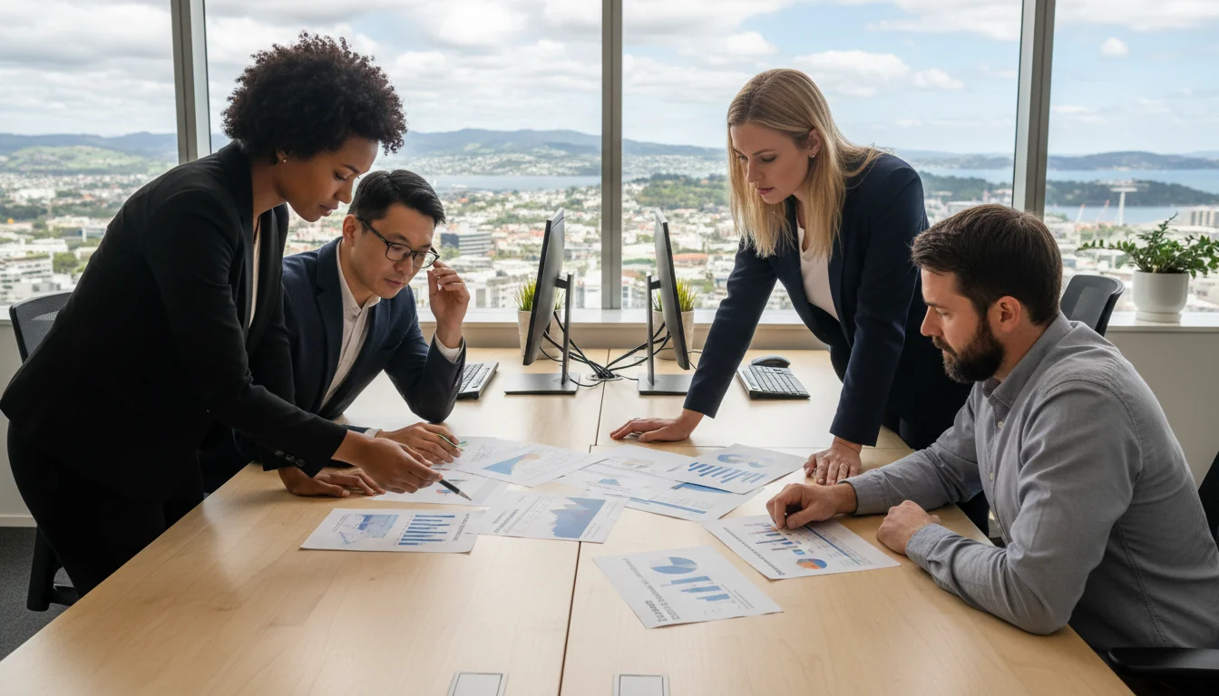 Team reviewing pay strategy papers