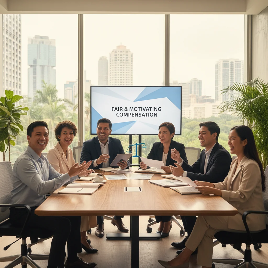 A photorealistic image representing the purpose of a Compensation Philosophy Statement in a corporate setting in the Philippines, showing a diverse group of professional adults in a modern office environment, engaged in a positive discussion about fair compensation, with elements like a Philippine flag or tropical office plants in the background to evoke the location, conveying themes of equity, motivation, and corporate values.