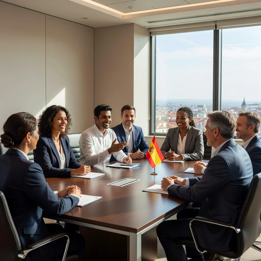 A photorealistic image representing the philosophy of corporate compensation in a Spanish business context. It depicts a diverse group of professional adults in a modern Spanish office, engaged in a positive discussion around a conference table, symbolizing fair and transparent compensation policies. The scene includes elements like a window with a view of a Spanish cityscape, such as Madrid or Barcelona, to evoke the location. No children are present. The image is entirely photorealistic, with no graphics, drawings, or illustrations.