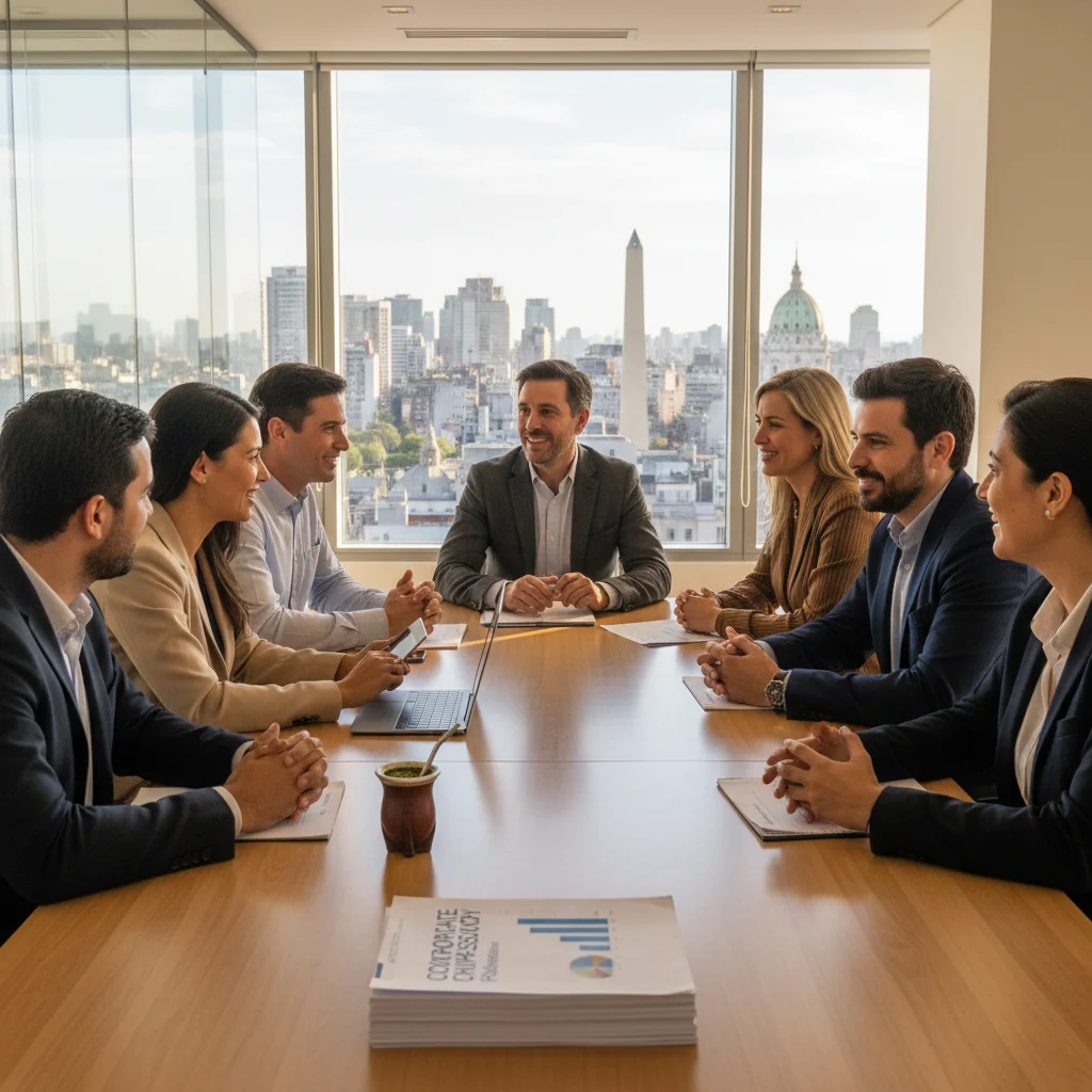 A photorealistic image representing corporate compensation philosophy in Argentina, showing a diverse group of professional adults in a modern Buenos Aires office setting, engaged in a positive discussion about fair pay and benefits, with subtle Argentine cultural elements like a tango poster or mate cups in the background, evoking trust and equity in corporate practices.
