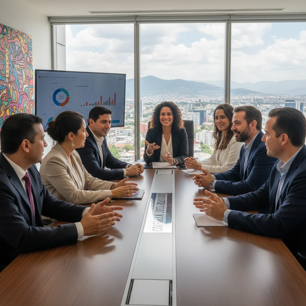 A photorealistic image of a diverse group of professional adults in a modern Mexican corporate office, engaged in a collaborative meeting discussing compensation philosophy, symbolizing fairness, equity, and corporate values in business. The scene includes adults in business attire around a conference table with subtle Mexican cultural elements like vibrant decor, no children present, no documents visible.