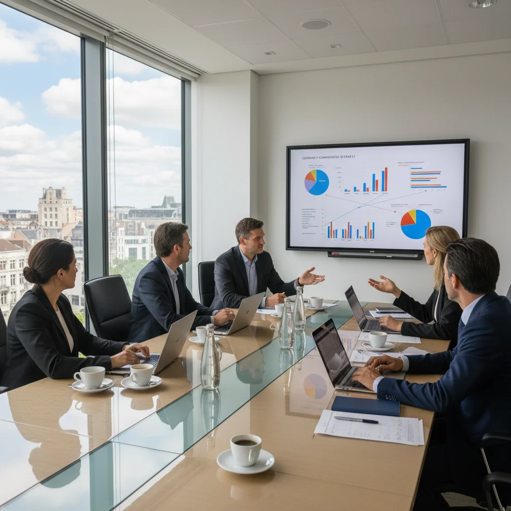 A photorealistic image of a professional business meeting in a modern Belgian corporate office, symbolizing corporate compensation philosophy discussions, with diverse adults around a conference table reviewing charts and documents, evoking transparency and fairness in remuneration policies.