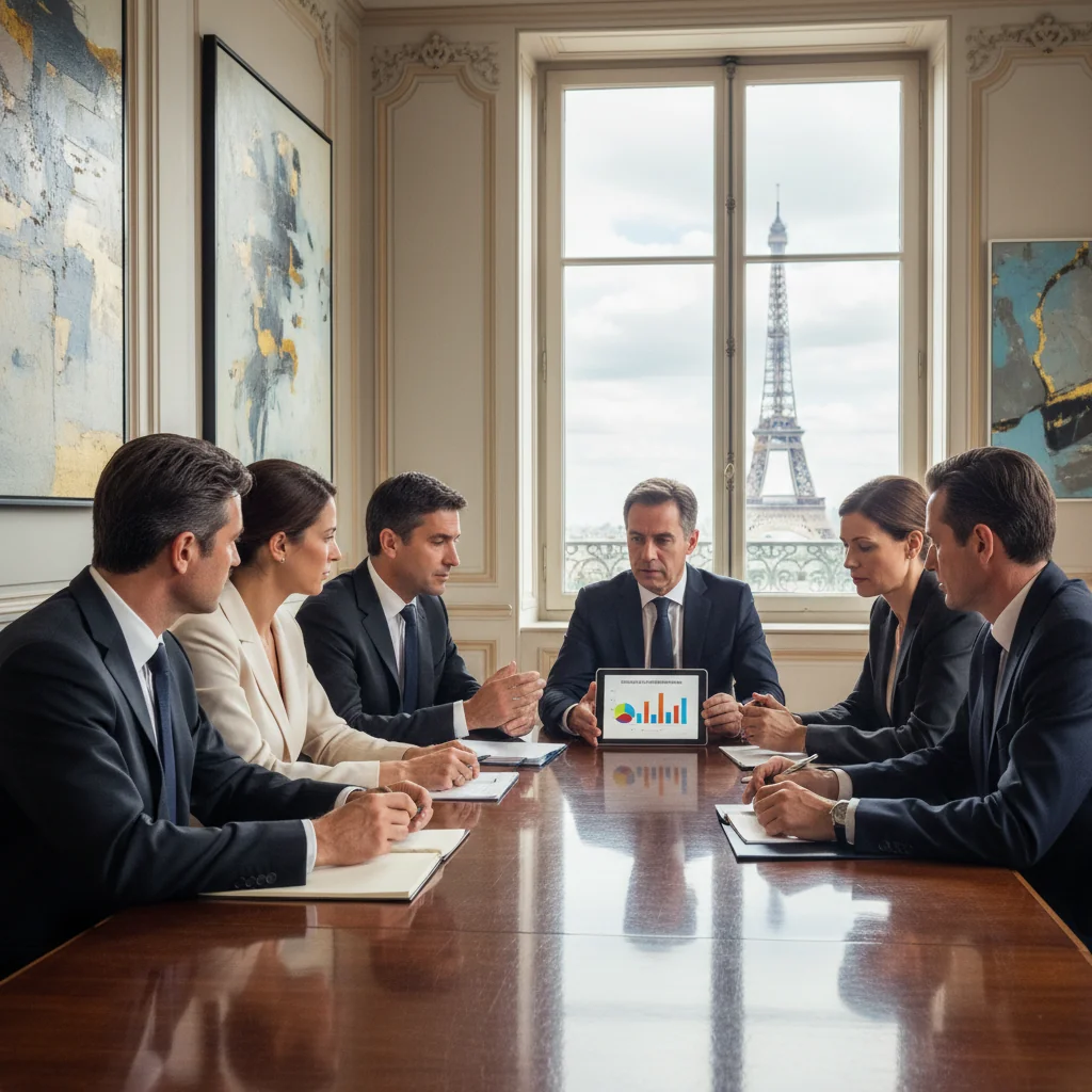 A photorealistic image of a diverse group of professional business executives in a modern French corporate office, engaged in a strategic discussion around a conference table, symbolizing corporate compensation philosophy and fair remuneration policies in a French business context. The scene conveys professionalism, equity, and collaborative decision-making, with elegant French architectural elements in the background like large windows overlooking Paris skyline.