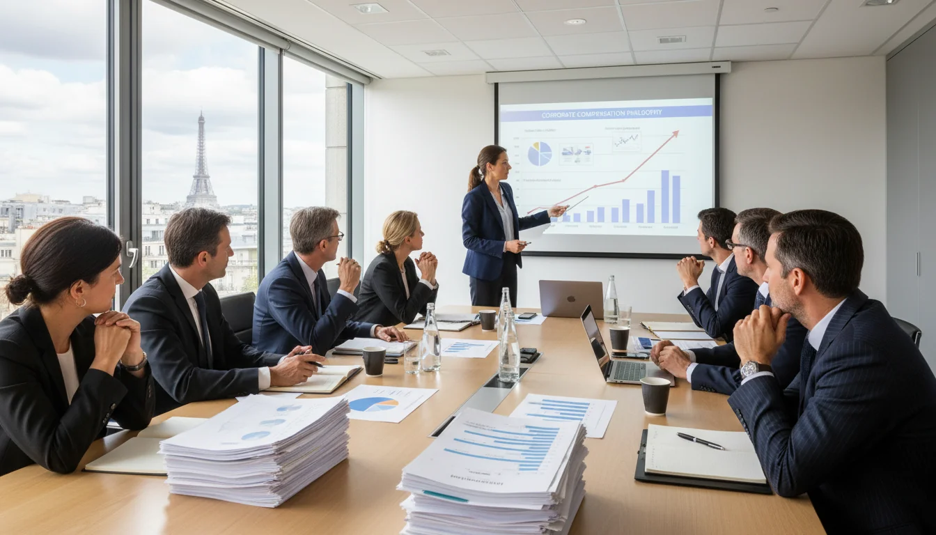 Corporate meeting discussing remuneration philosophy