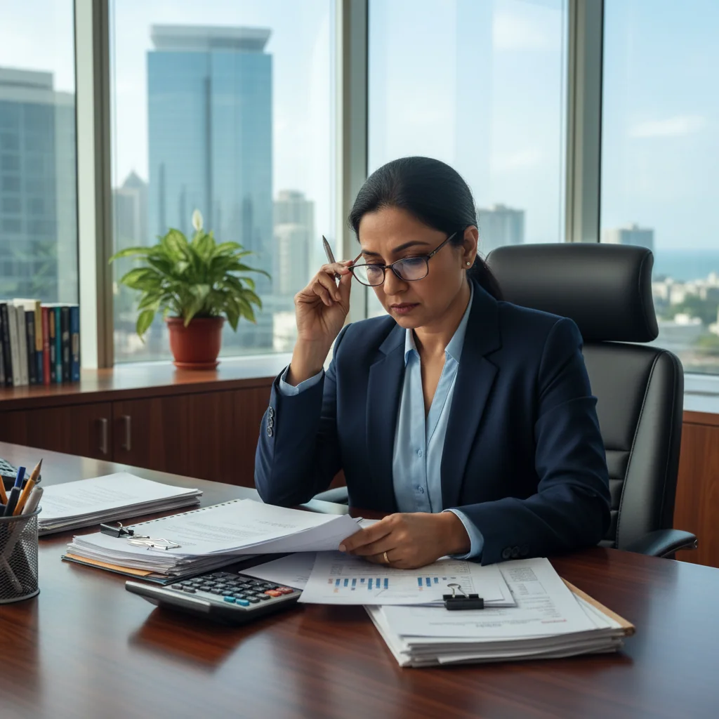 A photorealistic image of a professional Indian businessperson in a modern corporate office in India, reviewing compensation philosophy statement documents on a desk, symbolizing fair remuneration and corporate governance principles, with elements like Indian currency notes and a laptop nearby, conveying trust and professionalism. No children present.
