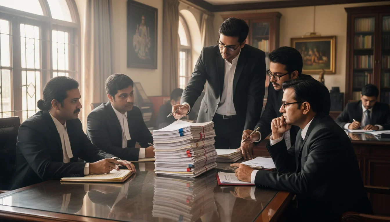 Legal documents stack in office.