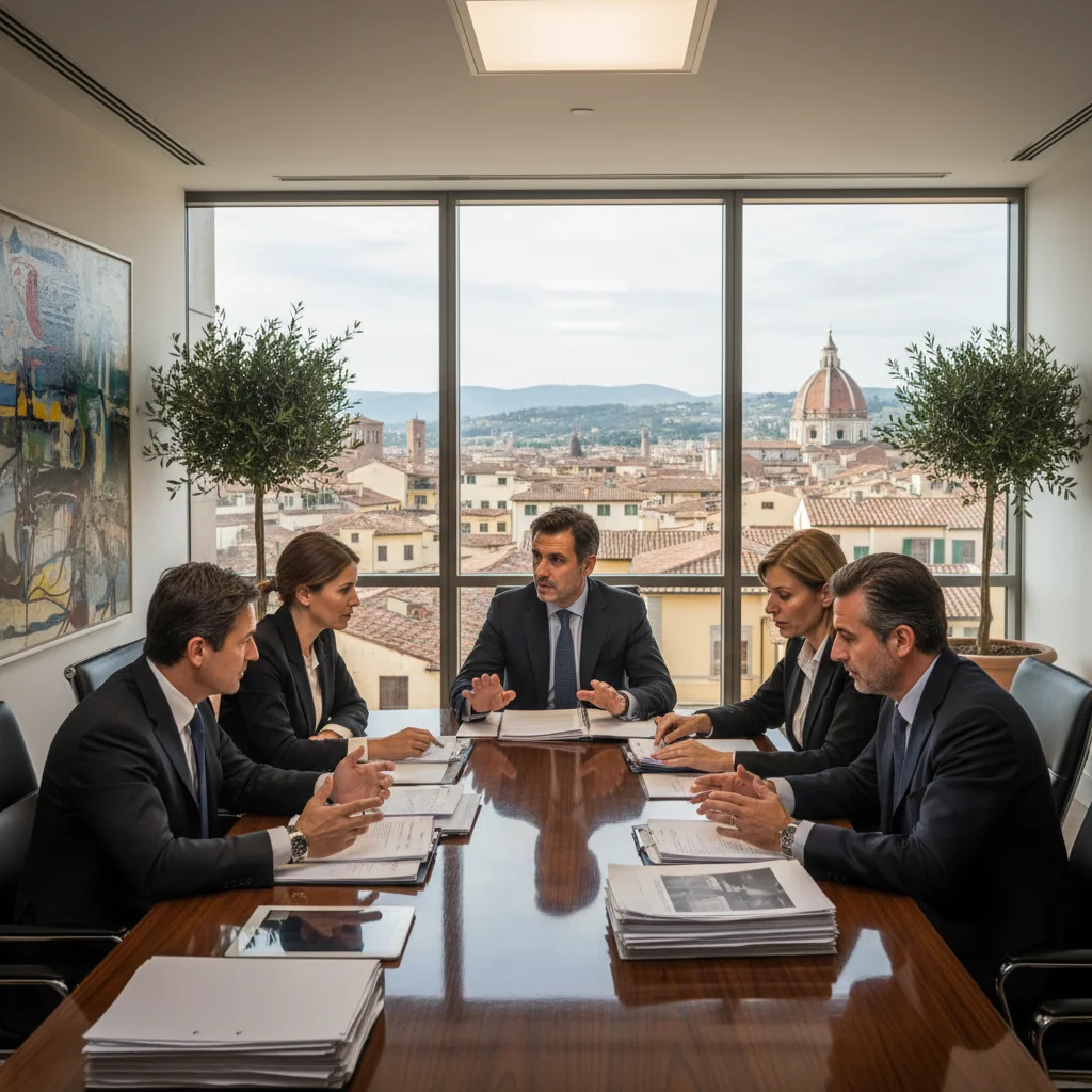 A professional scene in an Italian corporate office, featuring a diverse group of adults in business attire engaged in a formal meeting around a conference table, discussing with serious expressions, symbolizing retributive philosophy in corporate governance, with Italian flags or subtle Roman architectural elements in the background to evoke Italy, photorealistic style, no children present.