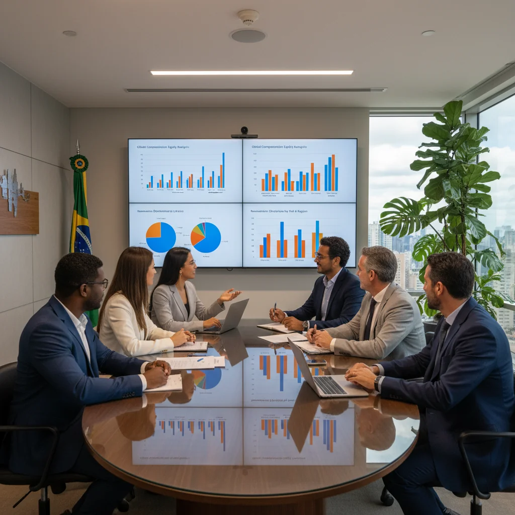 A photorealistic image of a diverse group of professional adults in a modern Brazilian corporate boardroom, engaged in a thoughtful discussion about compensation philosophy, symbolizing transparency and fairness in remuneration policies, with Brazilian cultural elements like a flag or tropical plants in the background, no children present.
