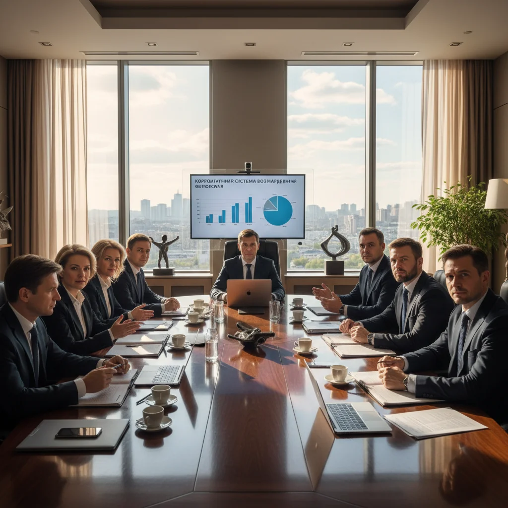 A photorealistic image of a professional business meeting in a modern Russian corporate office, where executives are discussing reward philosophy strategies around a conference table, evoking themes of corporate incentives and philosophy in a business context, with Russian cultural elements like subtle flags or architecture in the background, no children present, highly detailed and realistic photography style.