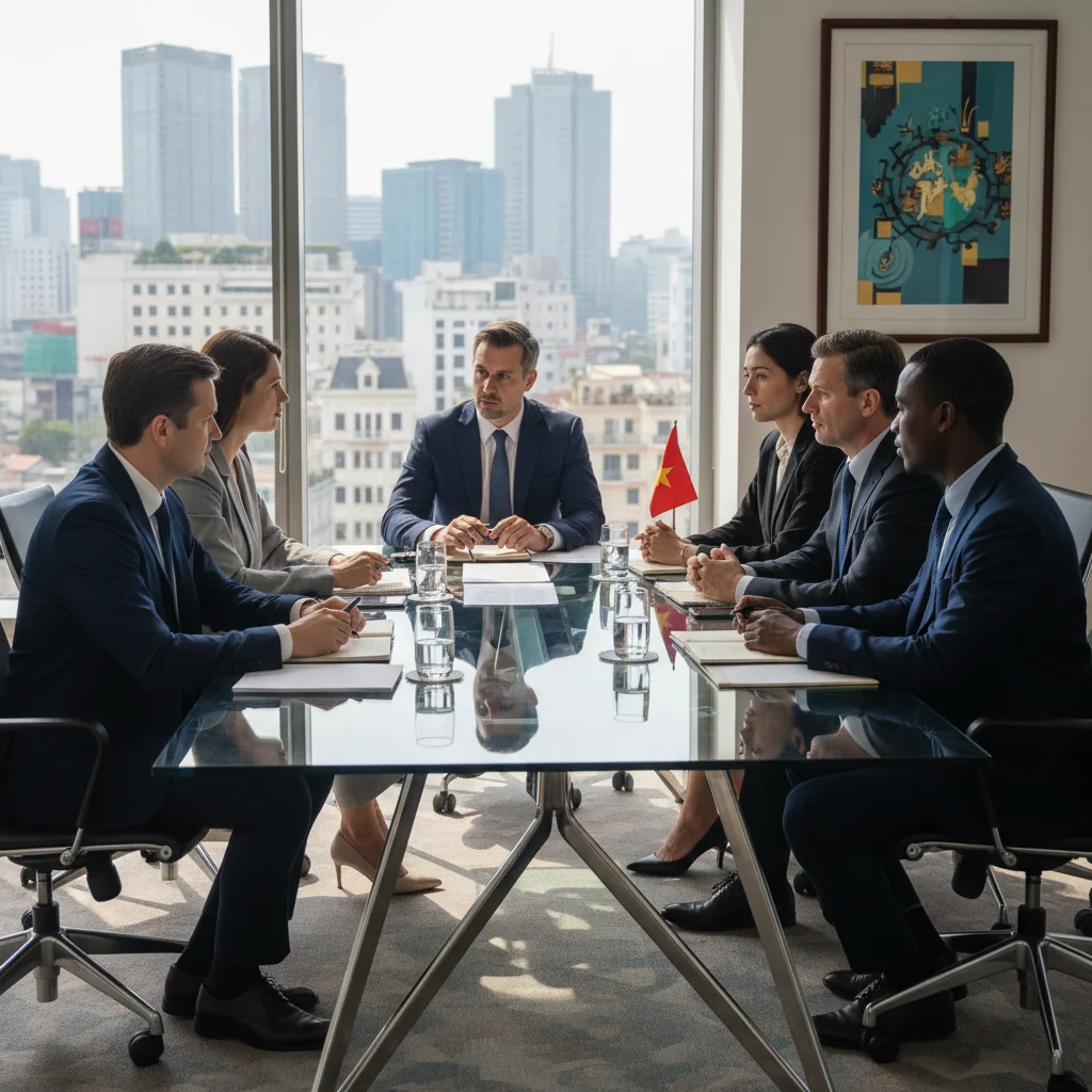 A photorealistic image of a diverse group of professional adults in a modern Vietnamese corporate office, engaged in a thoughtful discussion around a conference table, symbolizing the philosophical declaration on compensation and fair business practices, with subtle Vietnamese cultural elements like traditional decor in the background, no children present.