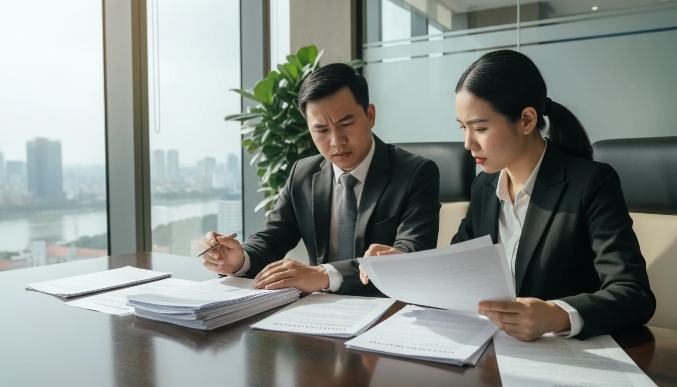 Vietnamese business executives reviewing documents