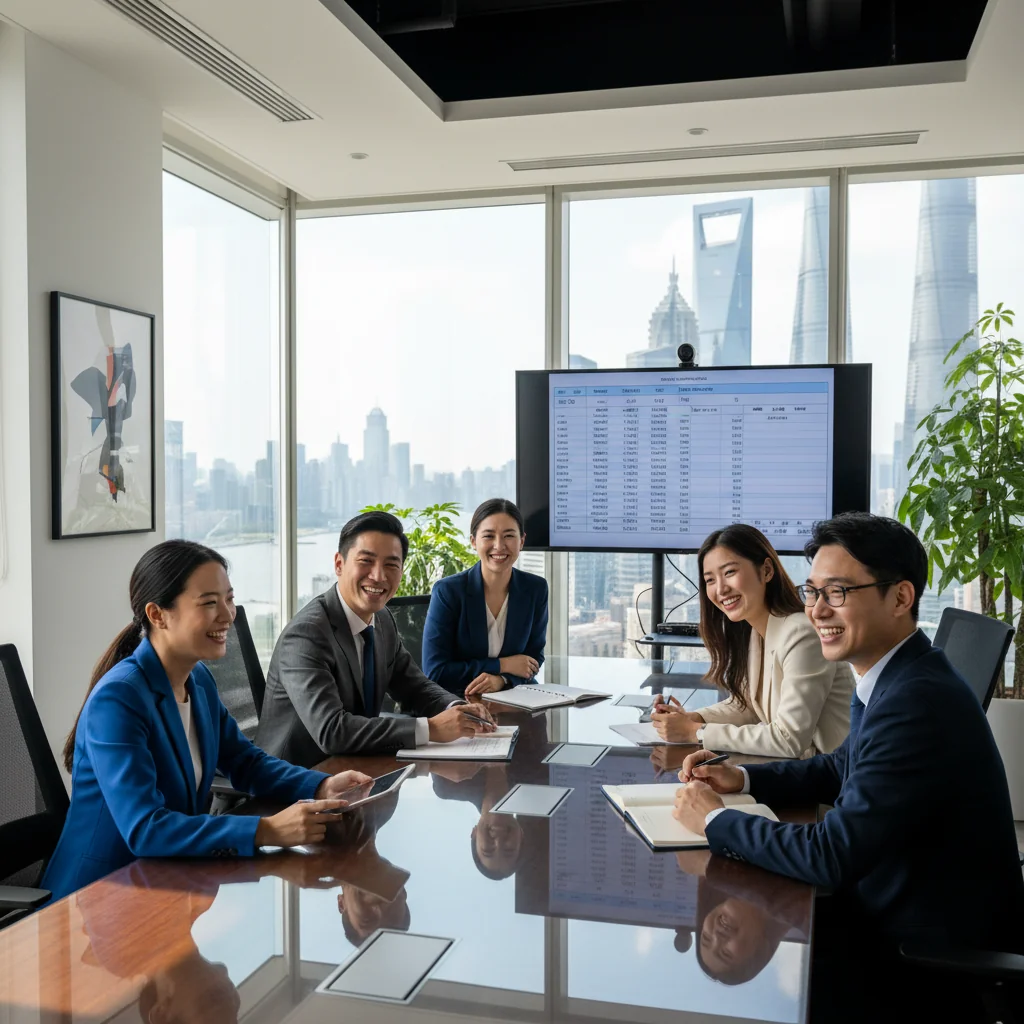 A professional corporate office scene in China, featuring diverse adult business professionals engaged in a positive discussion around a conference table, symbolizing fair compensation policies and employee satisfaction, with modern Chinese office elements in the background.
