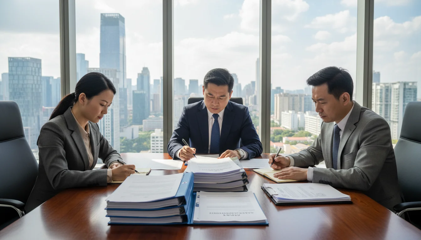 Chinese corporate executives reviewing documents