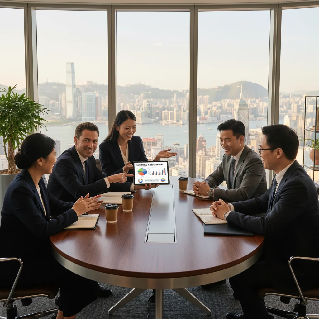 A photorealistic image of a diverse group of professional adults in a modern Hong Kong office setting, engaged in a collaborative meeting discussing salary strategies, symbolizing fair compensation and corporate values, with elements like a city skyline view, no children present.