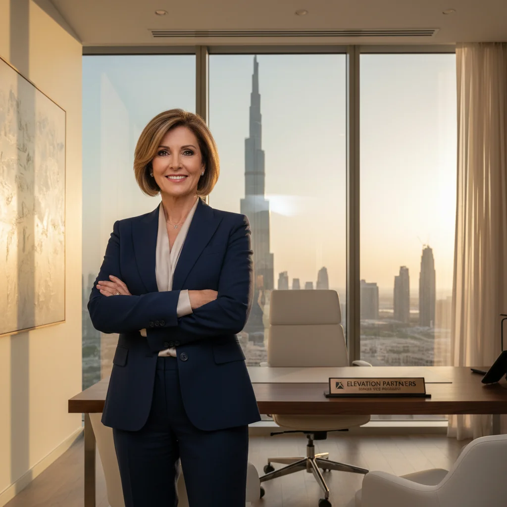 A photorealistic image depicting a professional adult employee in a modern UAE office setting, symbolizing career advancement and promotion, with subtle elements like a UAE flag or skyline in the background to represent the legal context in the United Arab Emirates.