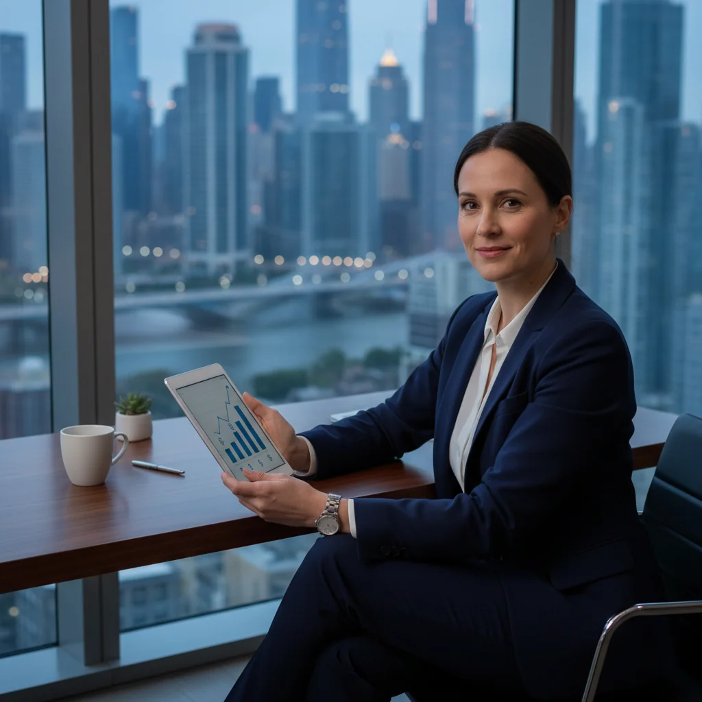 A photorealistic image of a confident adult professional in a modern office setting, smiling while reviewing documents at a desk, symbolizing career advancement and salary negotiation success. No children or corporate documents visible.