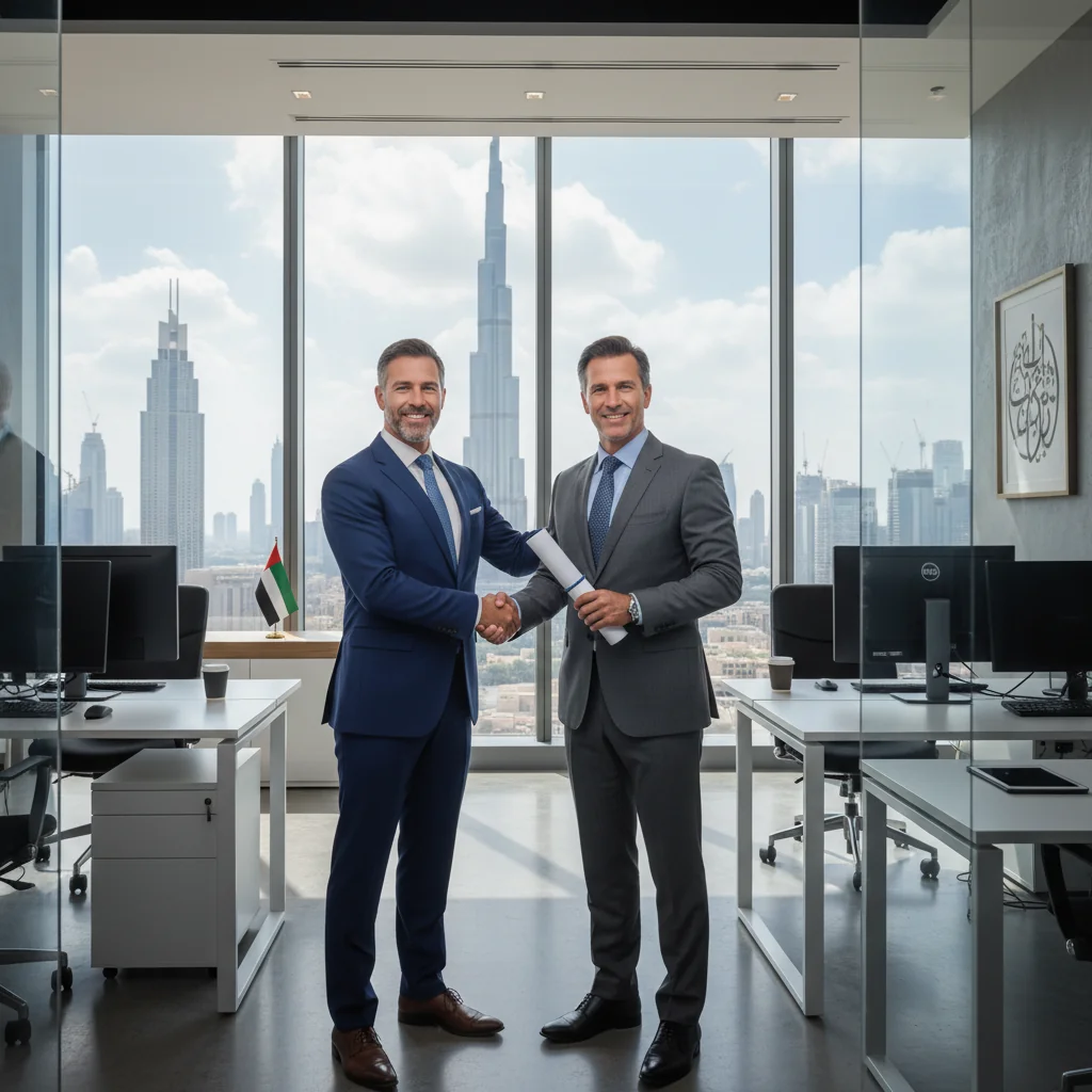A photorealistic image of a professional adult employee in the UAE receiving a promotion, standing confidently in a modern office setting with UAE skyline in the background, symbolizing career advancement and success in the Emirates.