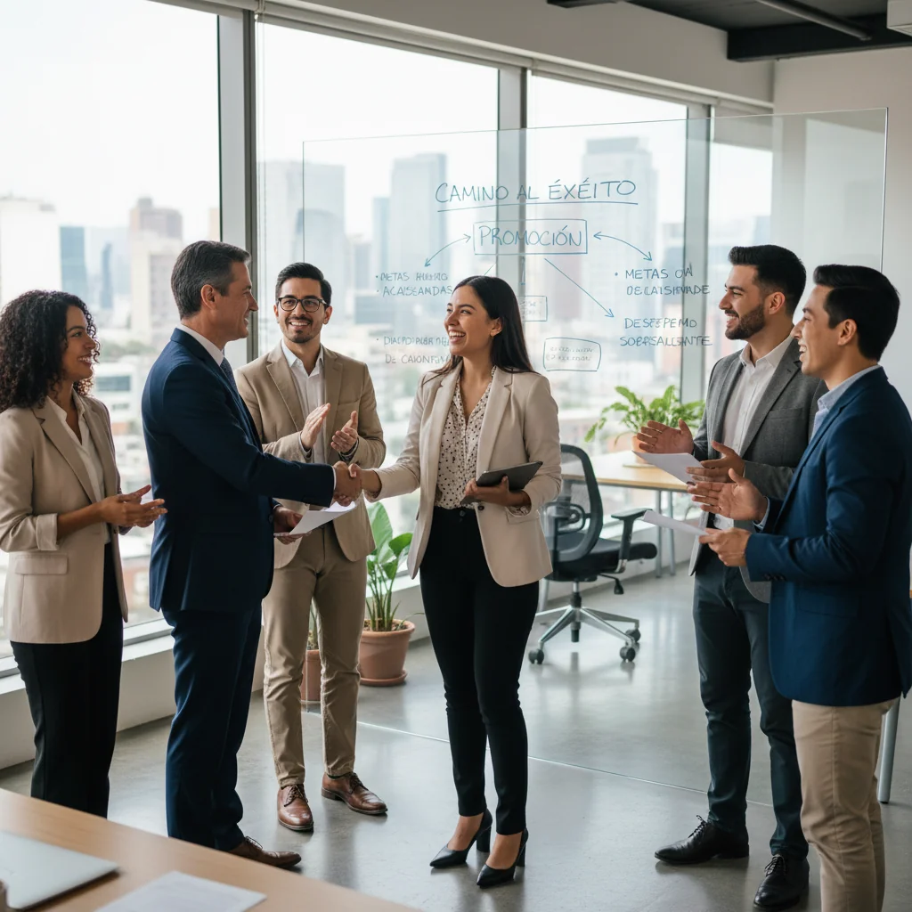A photorealistic image of a professional Mexican business meeting in a modern office, where a manager is discussing career advancement with an employee, symbolizing promotion justification and professional growth in a corporate setting.
