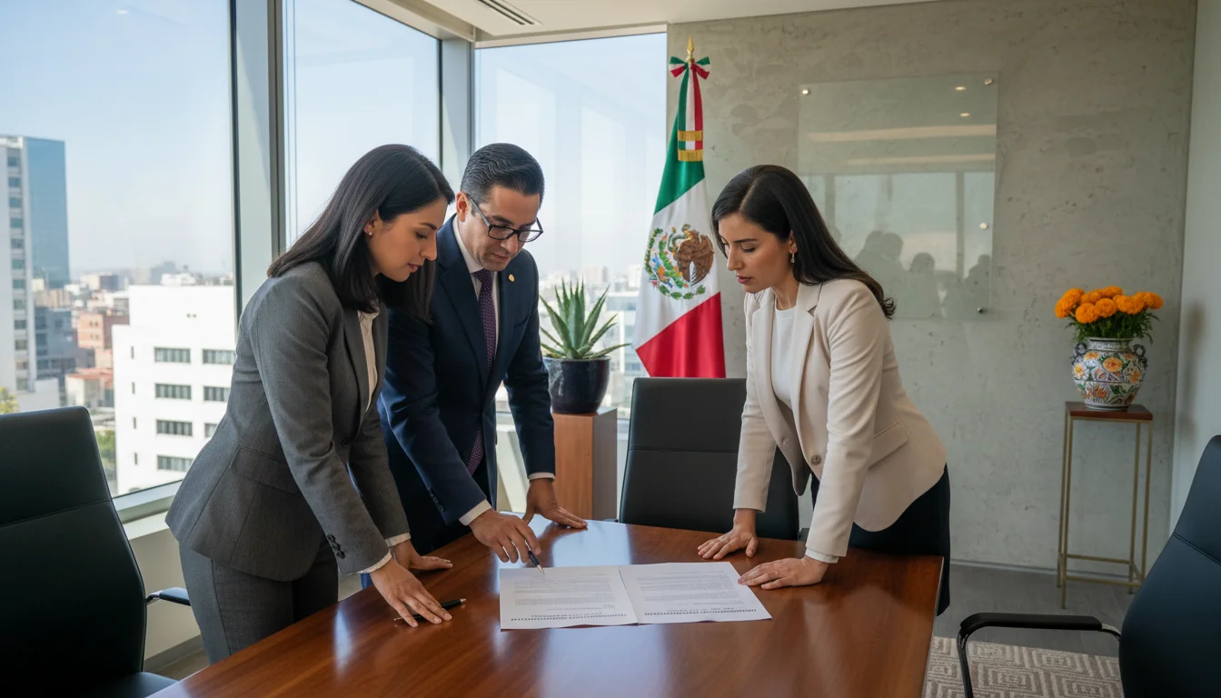 Mexican office workers reviewing promotion memo