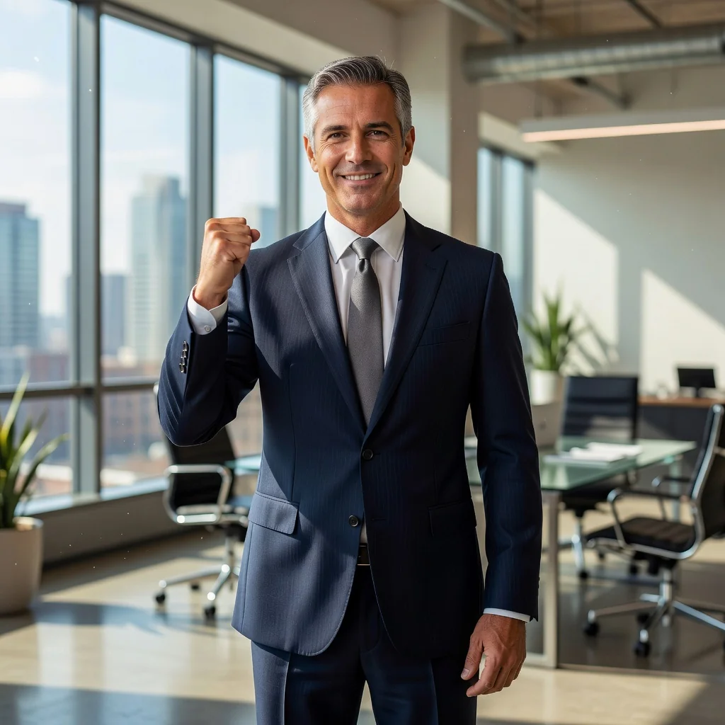 A photorealistic image of a professional adult in a modern office environment, celebrating a career promotion with a confident smile and a symbolic upward gesture, representing career advancement and achievement without showing any documents.