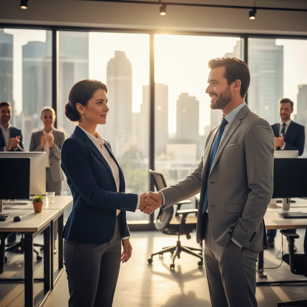 A photorealistic image of a professional adult employee in a modern office setting, celebrating a promotion with a subtle smile, shaking hands with a colleague or receiving a symbolic gesture of advancement, conveying achievement and career growth without showing any documents.
