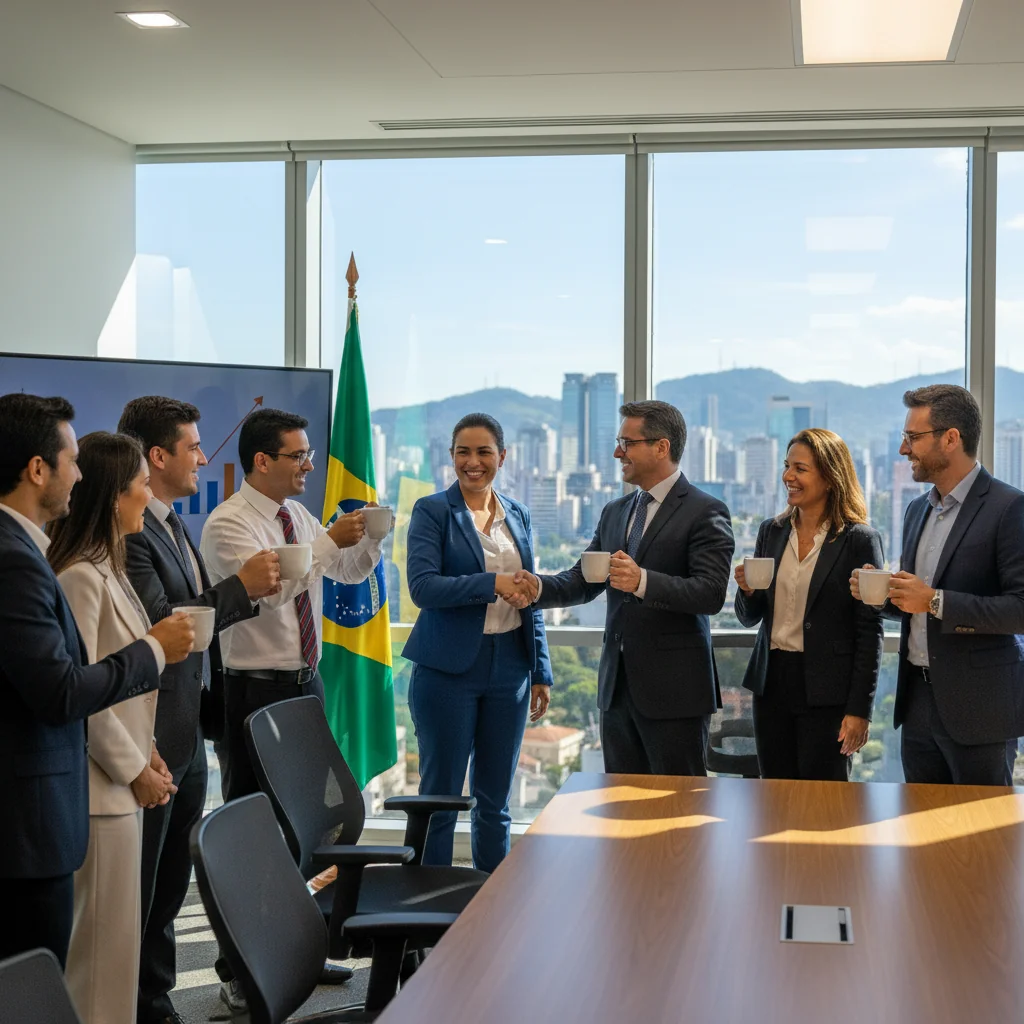 A photorealistic image depicting a professional business promotion scenario in a Brazilian corporate office environment, showing a diverse group of adult professionals in business attire celebrating a career advancement with handshakes and smiles, conveying success and justification in a modern office setting with Brazilian cultural elements like a flag in the background, no children present.