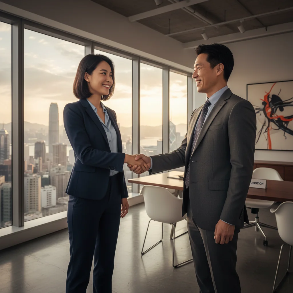 A photorealistic image of a professional adult woman in a modern Hong Kong office, smiling confidently as she receives a promotion handshake from her boss, symbolizing career advancement and success in a corporate environment. The scene captures the excitement of rising in one's career without showing any documents.