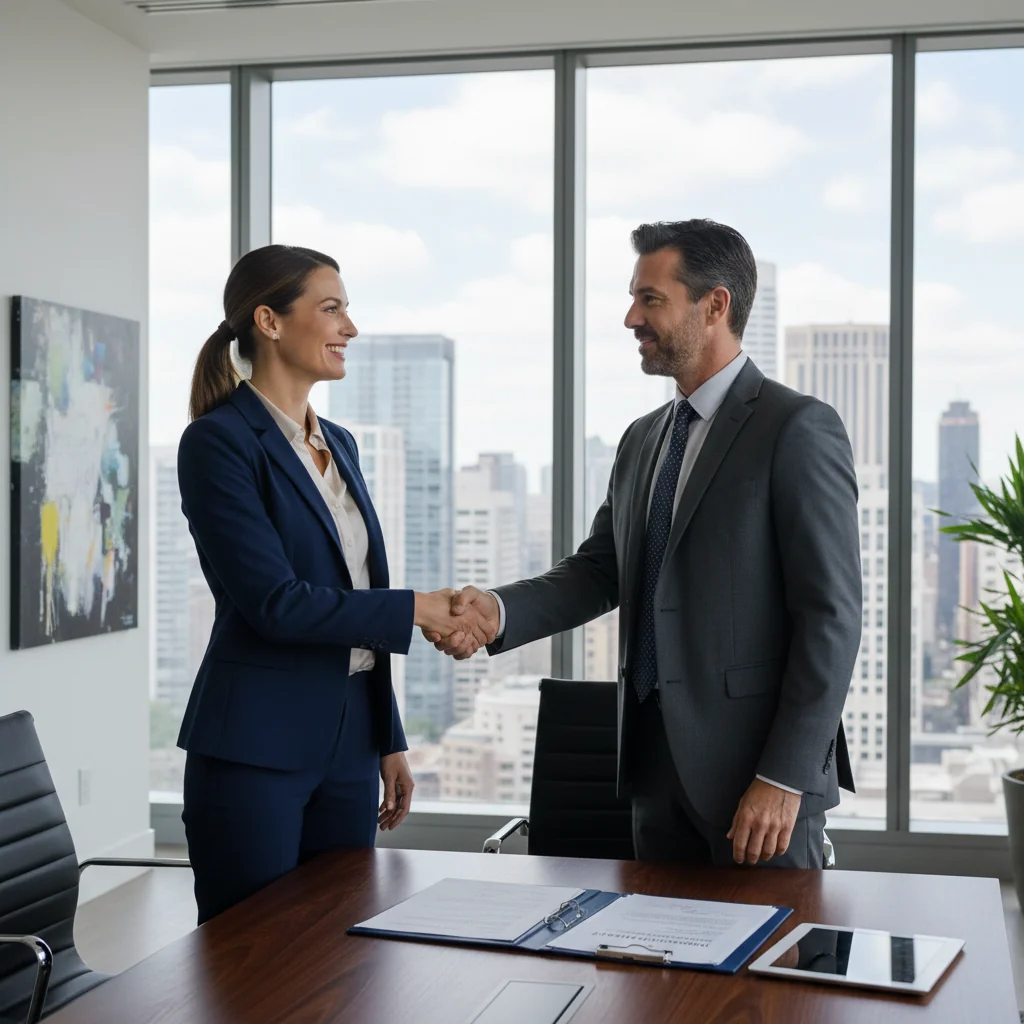 A photorealistic image of a professional adult employee in a modern office environment, shaking hands with a colleague during a promotion announcement, symbolizing career advancement and legal justification for workplace promotion, with no documents visible, diverse adults only, no children.