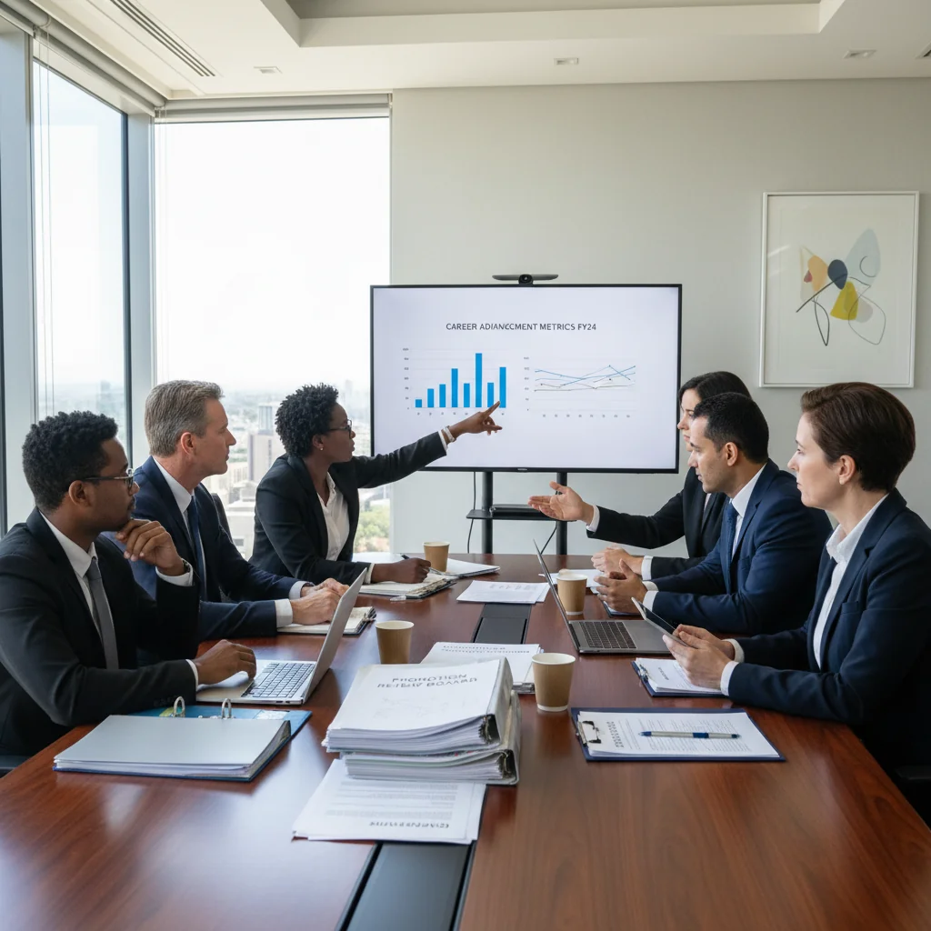 A professional business meeting in a modern South African office, with diverse adult professionals discussing promotion strategies around a conference table, symbolizing career advancement and legal compliance in promotions, photorealistic style, no children present.