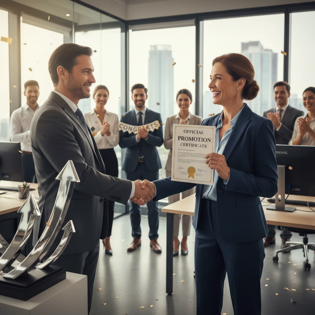 A photorealistic image of a professional adult employee in a modern office setting, smiling confidently while receiving a promotion announcement from their manager, symbolizing career advancement and the purpose of a promotion justification memorandum, with no children present.