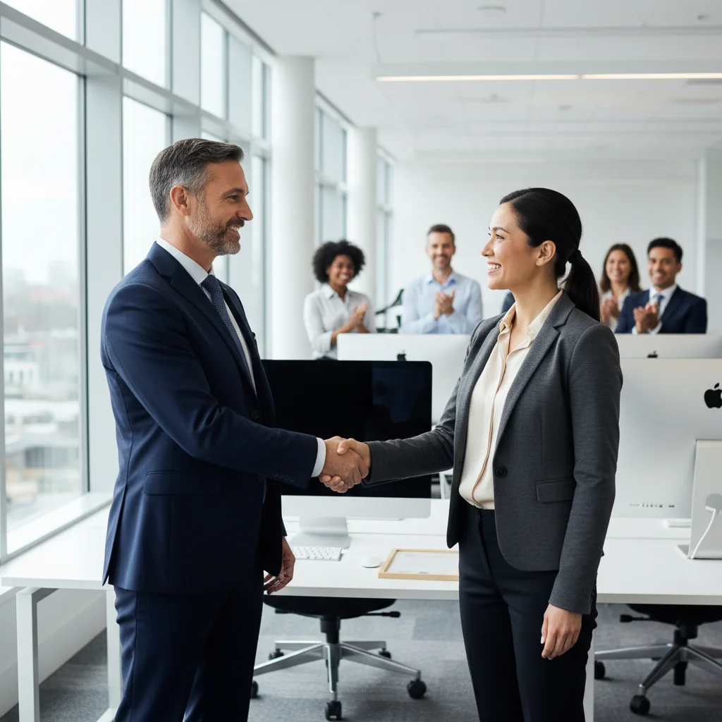 A photorealistic image of a professional adult employee in a modern office setting, receiving a promotion handshake from their manager, symbolizing career advancement and the purpose of a justification memo for salary increase.