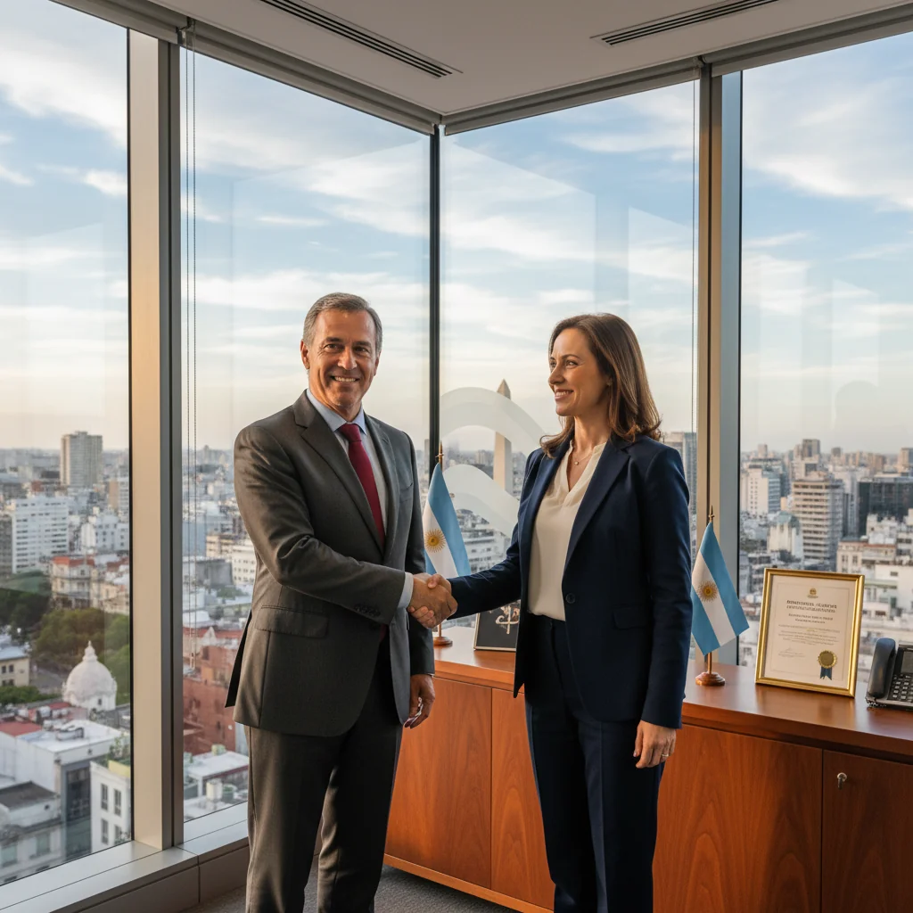 A photorealistic image of a professional adult in a modern Argentine office environment, celebrating a promotion with a handshake from a colleague, symbolizing career advancement and justification for promotion in a business context.