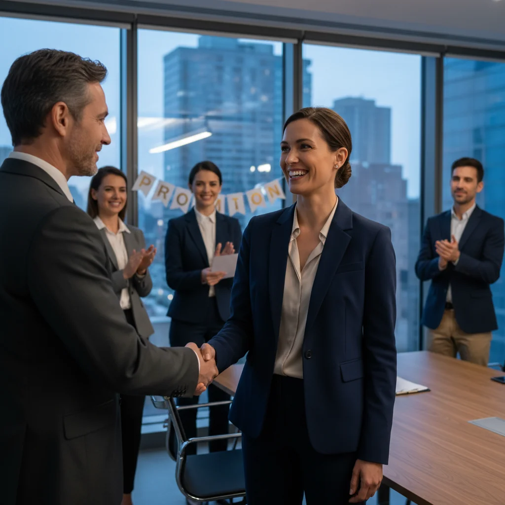 A photorealistic image of a professional adult employee in a modern office setting, celebrating a promotion with a confident smile, shaking hands with a colleague or receiving a symbolic recognition, conveying career advancement and achievement without showing any documents.