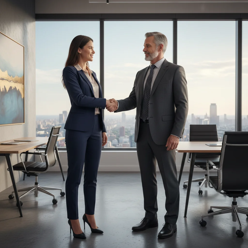 A photorealistic image of a professional adult employee in a modern office environment, looking accomplished and shaking hands with a manager during a promotion ceremony, symbolizing career advancement and legal justification for a job promotion.