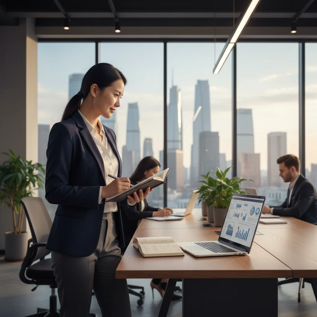 A photorealistic image of a confident adult professional Chinese woman in a modern office environment, standing at a desk with a subtle smile as she reviews notes on her laptop, symbolizing career advancement and preparation for promotion in the Chinese workplace. The scene captures ambition and professionalism without any focus on documents.