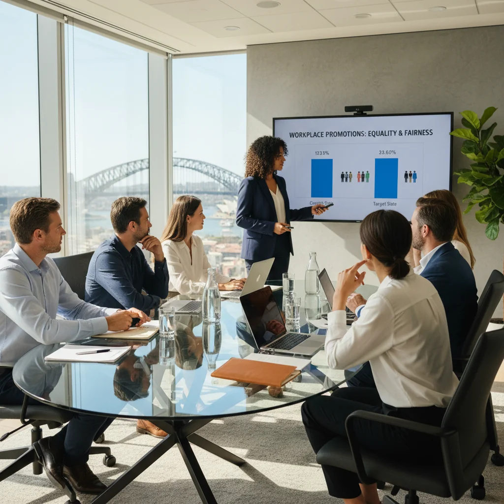 A photorealistic image of a professional business meeting in an Australian workplace, showing diverse adult employees discussing promotion opportunities around a conference table, with Australian elements like a flag or Sydney skyline in the background, conveying fairness and legal compliance in promotions.