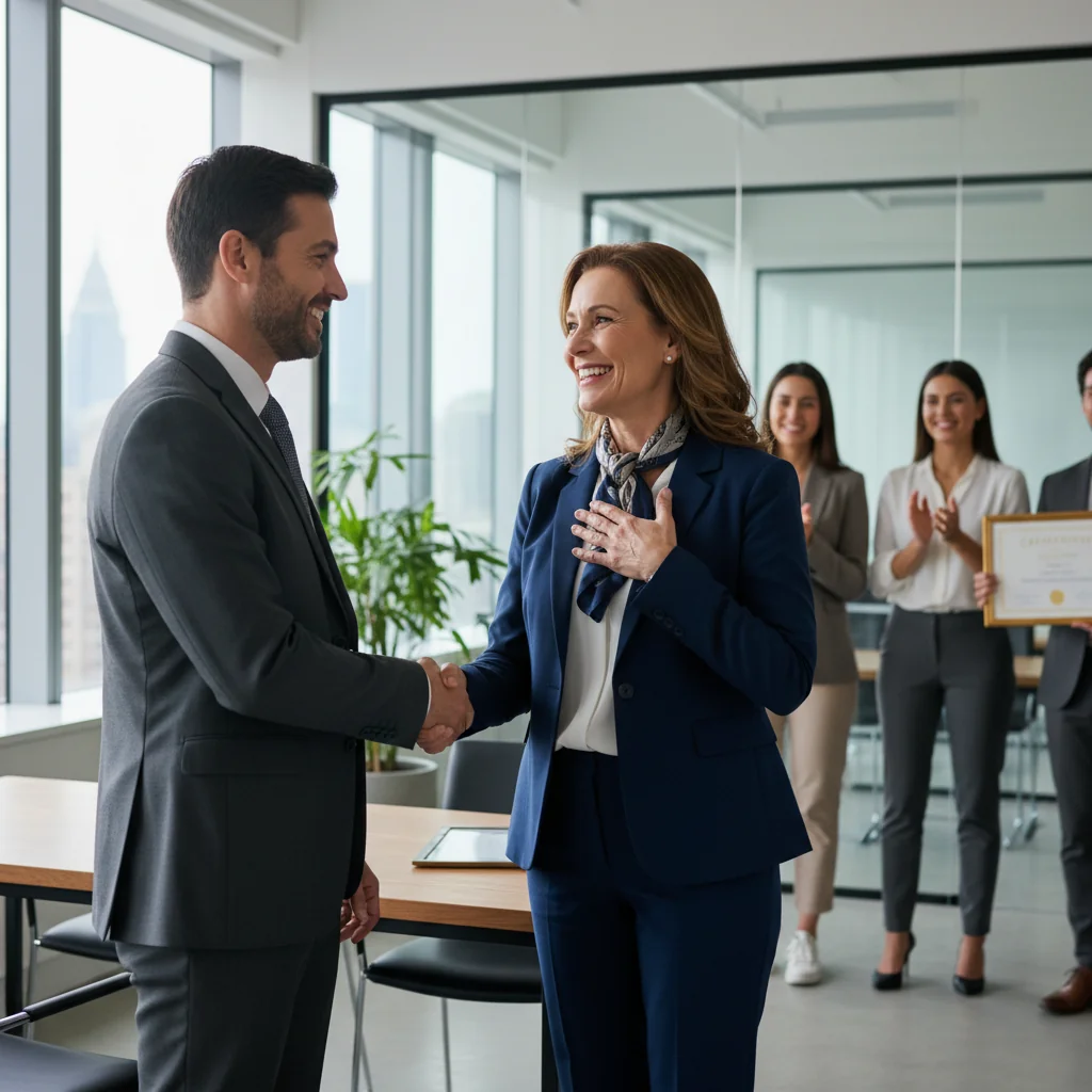 A photorealistic image of a professional adult in a modern office setting, celebrating a promotion with a confident smile, shaking hands with a colleague or receiving a symbolic recognition, conveying achievement and career advancement, no children present.