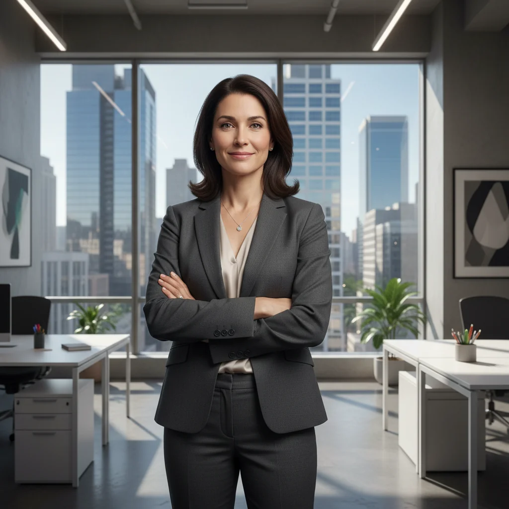 A photorealistic image of a confident adult professional in a modern office environment, standing with arms crossed and a subtle smile, symbolizing career advancement and successful promotion justification. The scene conveys achievement and professionalism without focusing on any documents.
