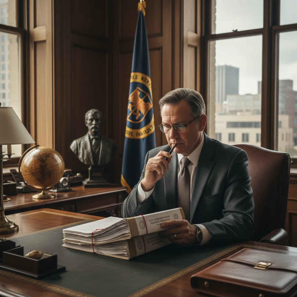 A photorealistic image of a professional adult civil servant in a formal office setting, reviewing legal documents related to promotion in public service, symbolizing the legal requirements for a promotion memo in civil servant law. The scene conveys professionalism, authority, and bureaucratic process without focusing on the document itself.